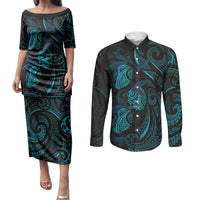 Hawaiian Mango Tribal Tattoo Couples Matching Puletasi and Long Sleeve Button Shirt Teal Pacific Traditional Pattern