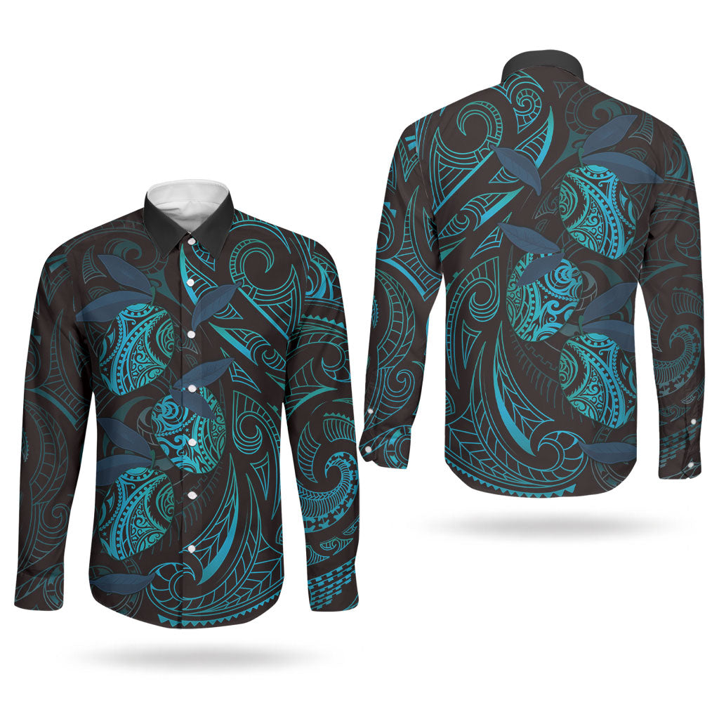Hawaiian Mango Tribal Tattoo Couples Matching Summer Maxi Dress and Long Sleeve Button Shirt Teal Pacific Traditional Pattern