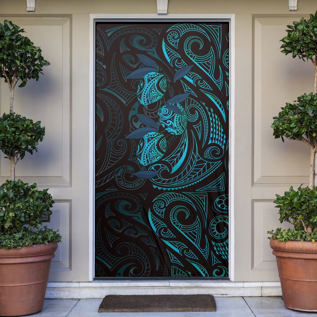 Hawaiian Mango Tribal Tattoo Door Cover Teal Pacific Traditional Pattern