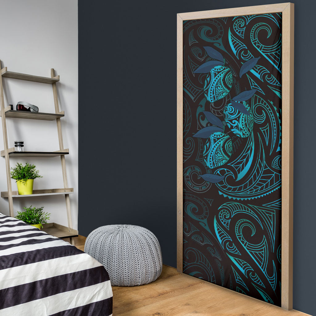 Hawaiian Mango Tribal Tattoo Door Cover Teal Pacific Traditional Pattern