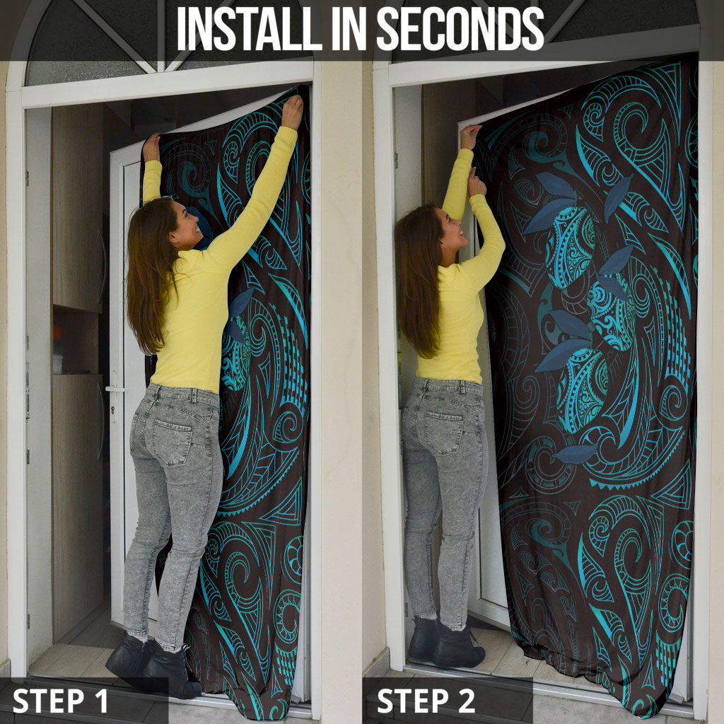 Hawaiian Mango Tribal Tattoo Door Cover Teal Pacific Traditional Pattern