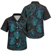 Hawaiian Mango Tribal Tattoo Family Matching Off The Shoulder Long Sleeve Dress and Hawaiian Shirt Teal Pacific Traditional Pattern