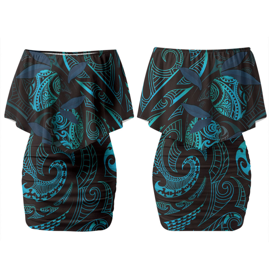 Hawaiian Mango Tribal Tattoo Family Matching Off Shoulder Short Dress and Hawaiian Shirt Teal Pacific Traditional Pattern