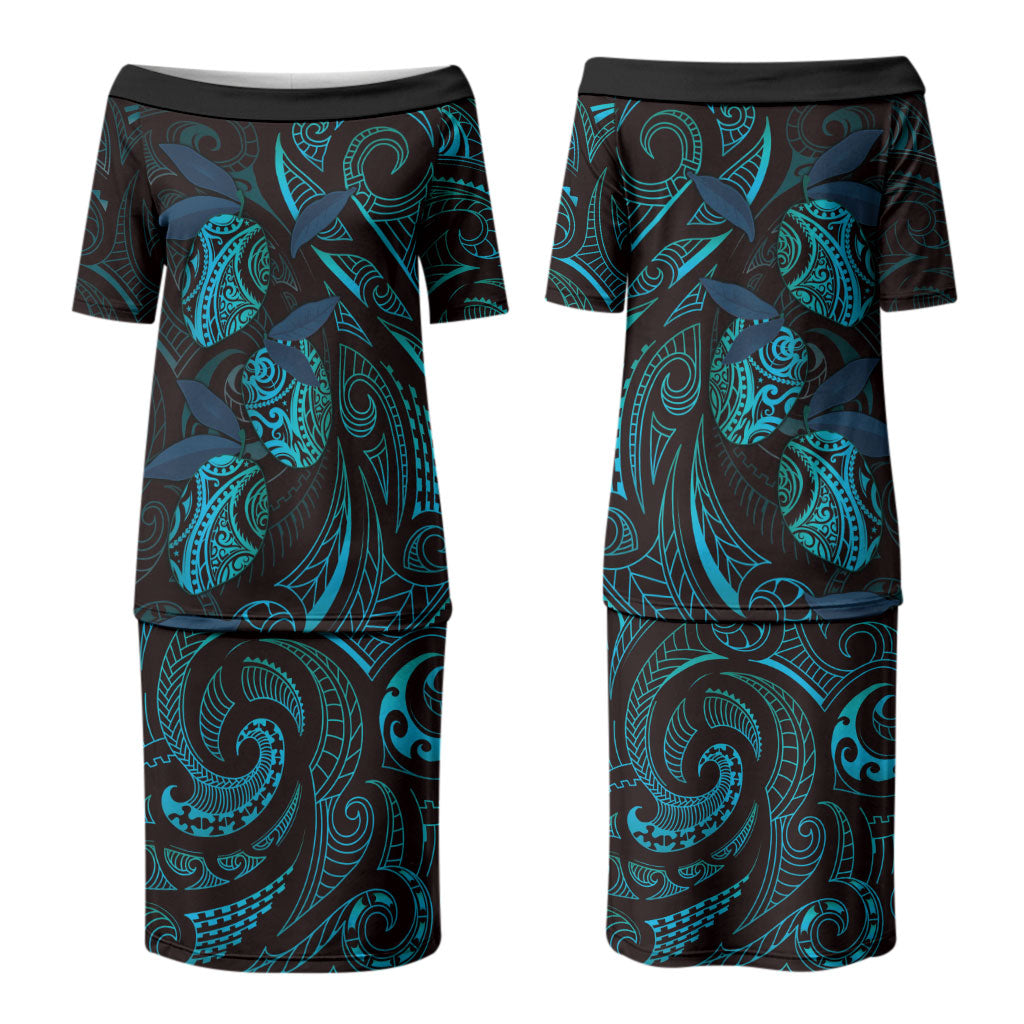 Hawaiian Mango Tribal Tattoo Family Matching Puletasi and Hawaiian Shirt Teal Pacific Traditional Pattern