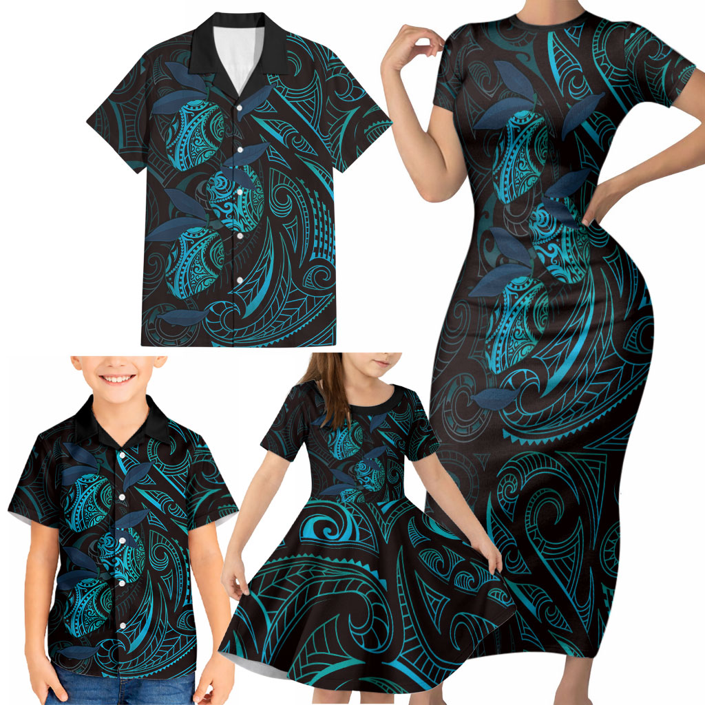 Hawaiian Mango Tribal Tattoo Family Matching Short Sleeve Bodycon Dress and Hawaiian Shirt Teal Pacific Traditional Pattern