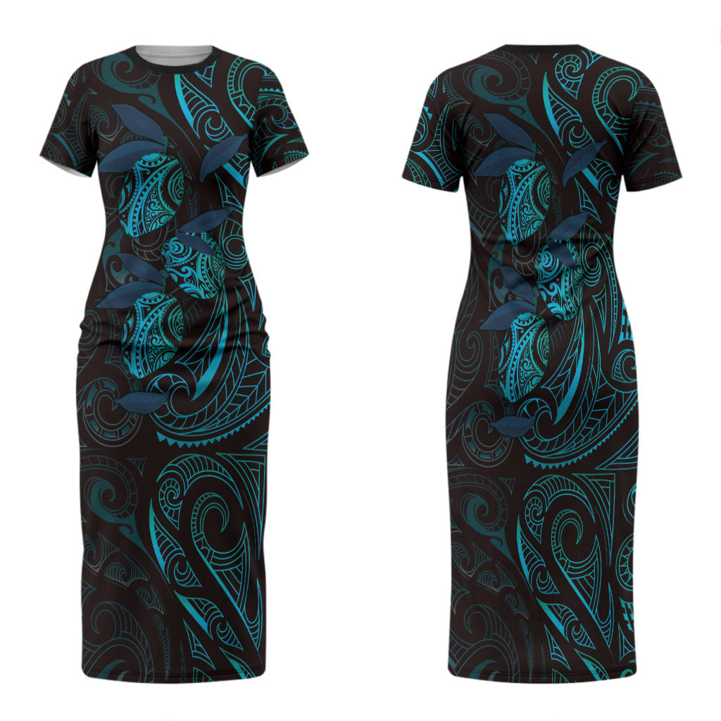 Hawaiian Mango Tribal Tattoo Family Matching Short Sleeve Bodycon Dress and Hawaiian Shirt Teal Pacific Traditional Pattern