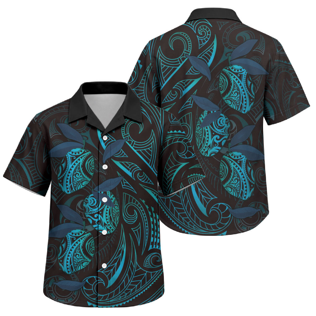 Hawaiian Mango Tribal Tattoo Family Matching Short Sleeve Bodycon Dress and Hawaiian Shirt Teal Pacific Traditional Pattern