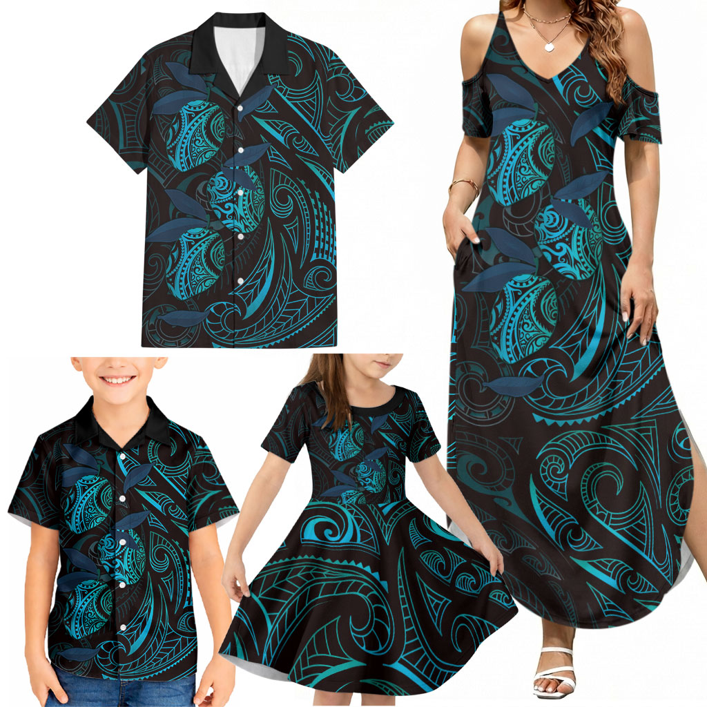 Hawaiian Mango Tribal Tattoo Family Matching Summer Maxi Dress and Hawaiian Shirt Teal Pacific Traditional Pattern