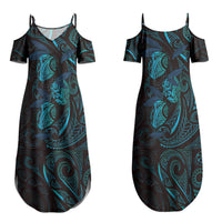 Hawaiian Mango Tribal Tattoo Family Matching Summer Maxi Dress and Hawaiian Shirt Teal Pacific Traditional Pattern