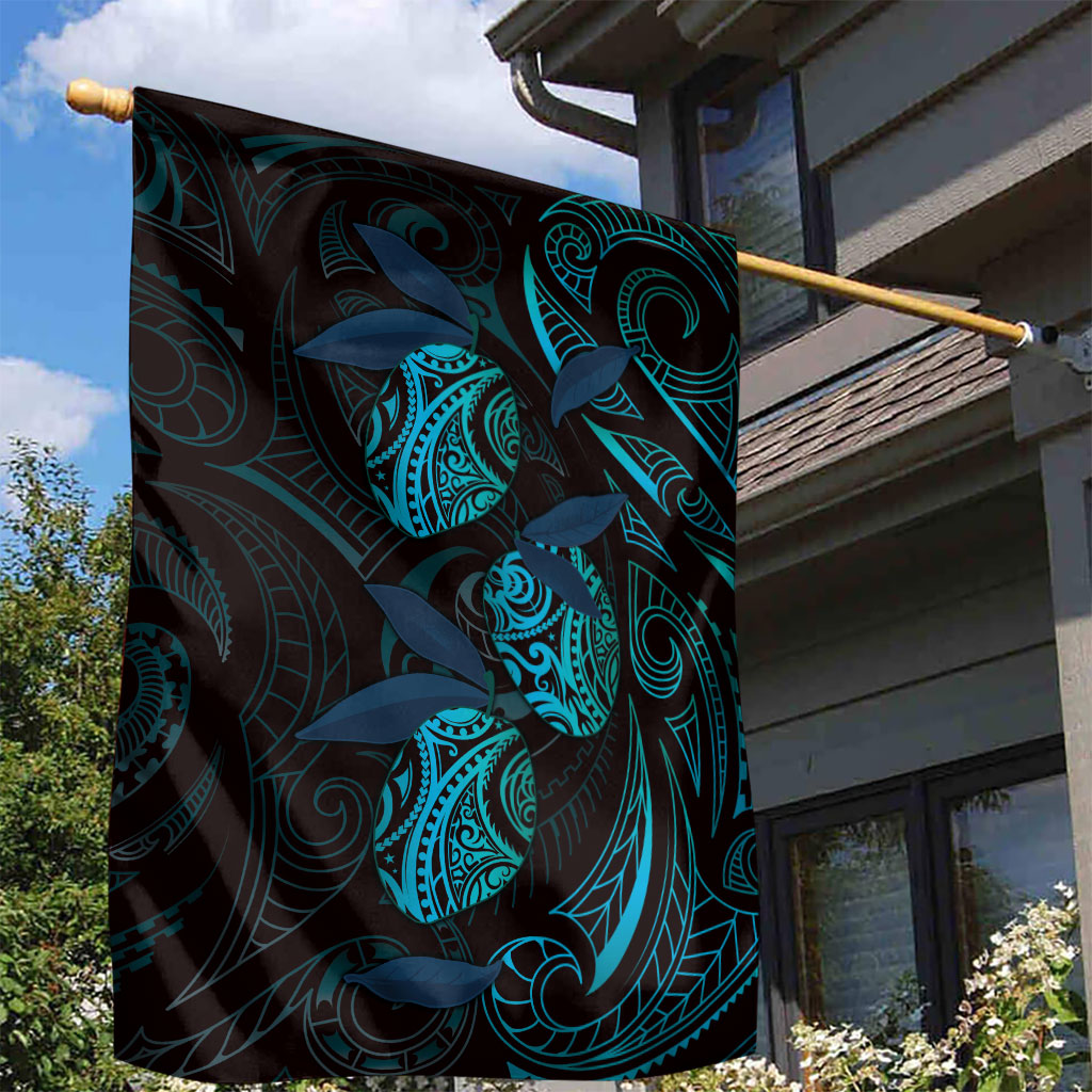 Hawaiian Mango Tribal Tattoo Garden Flag Teal Pacific Traditional Pattern