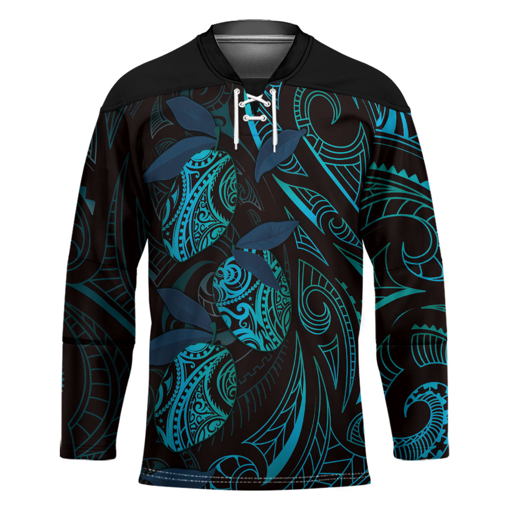 Hawaiian Mango Tribal Tattoo Hockey Jersey Teal Pacific Traditional Pattern