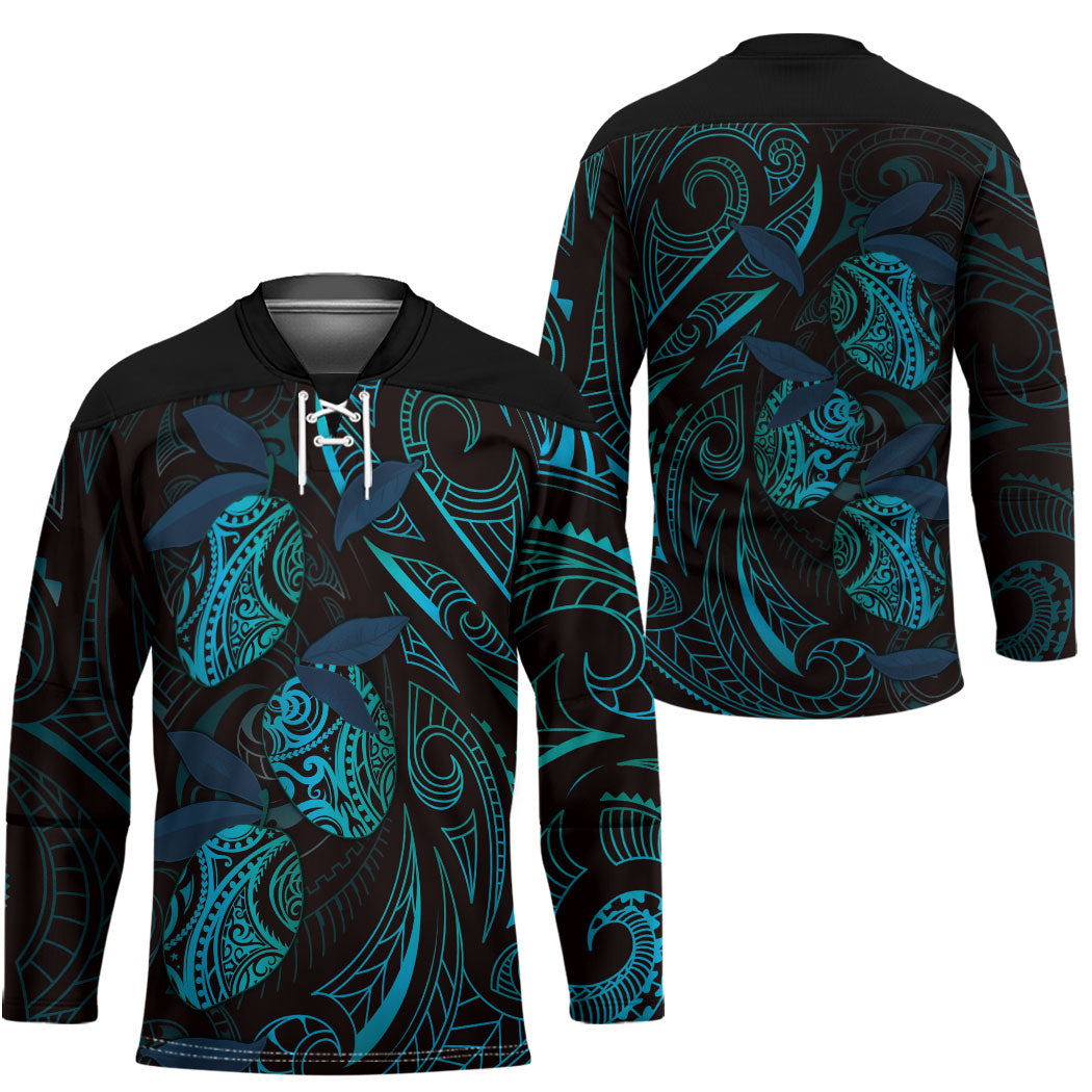 Hawaiian Mango Tribal Tattoo Hockey Jersey Teal Pacific Traditional Pattern