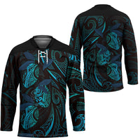 Hawaiian Mango Tribal Tattoo Hockey Jersey Teal Pacific Traditional Pattern