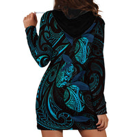 Hawaiian Mango Tribal Tattoo Hoodie Dress Teal Pacific Traditional Pattern