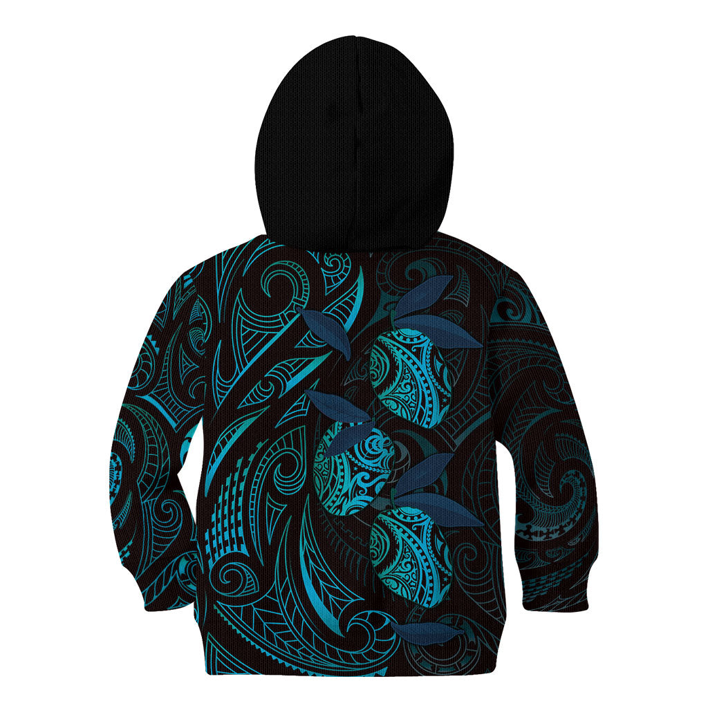 Hawaiian Mango Tribal Tattoo Kid Hoodie Teal Pacific Traditional Pattern