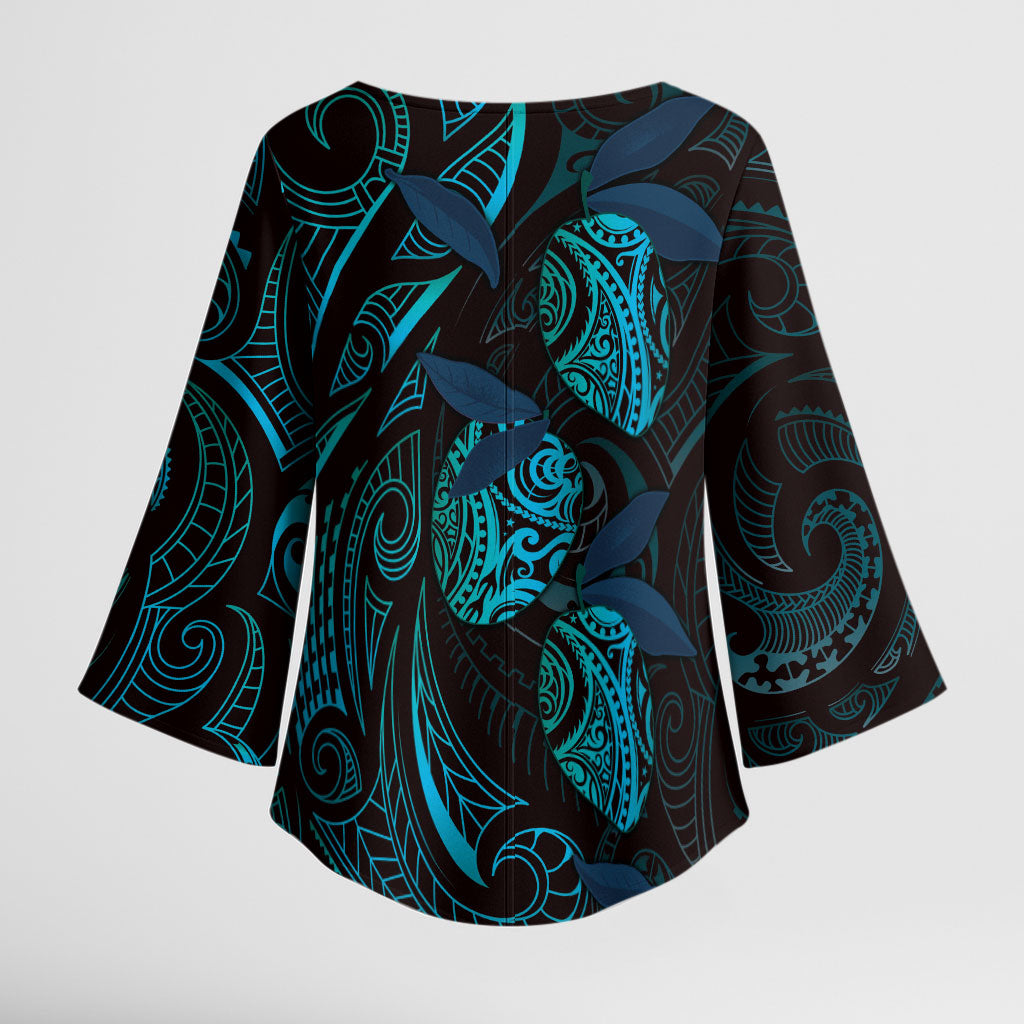 Hawaiian Mango Tribal Tattoo Kimono Sleeve Blouse Teal Pacific Traditional Pattern