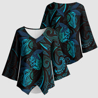 Hawaiian Mango Tribal Tattoo Kimono Sleeve Blouse Teal Pacific Traditional Pattern