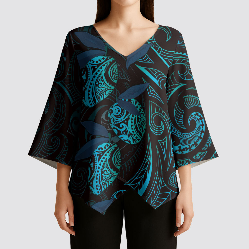 Hawaiian Mango Tribal Tattoo Kimono Sleeve Blouse Teal Pacific Traditional Pattern