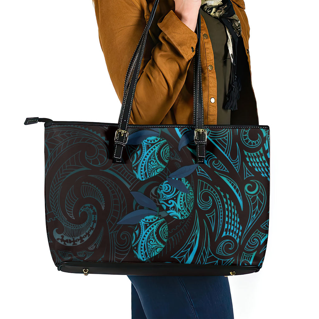 Hawaiian Mango Tribal Tattoo Leather Tote Bag Teal Pacific Traditional Pattern