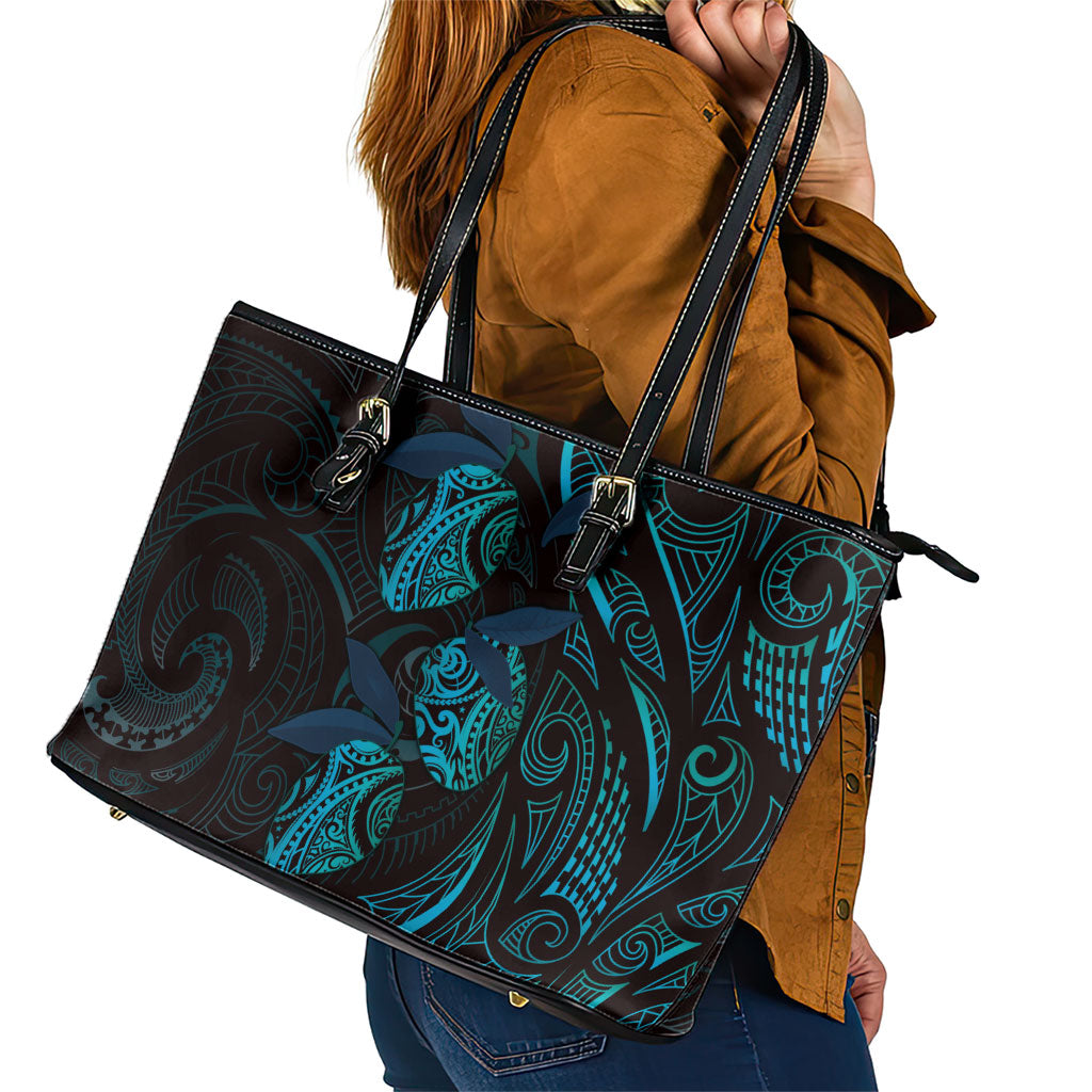 Hawaiian Mango Tribal Tattoo Leather Tote Bag Teal Pacific Traditional Pattern
