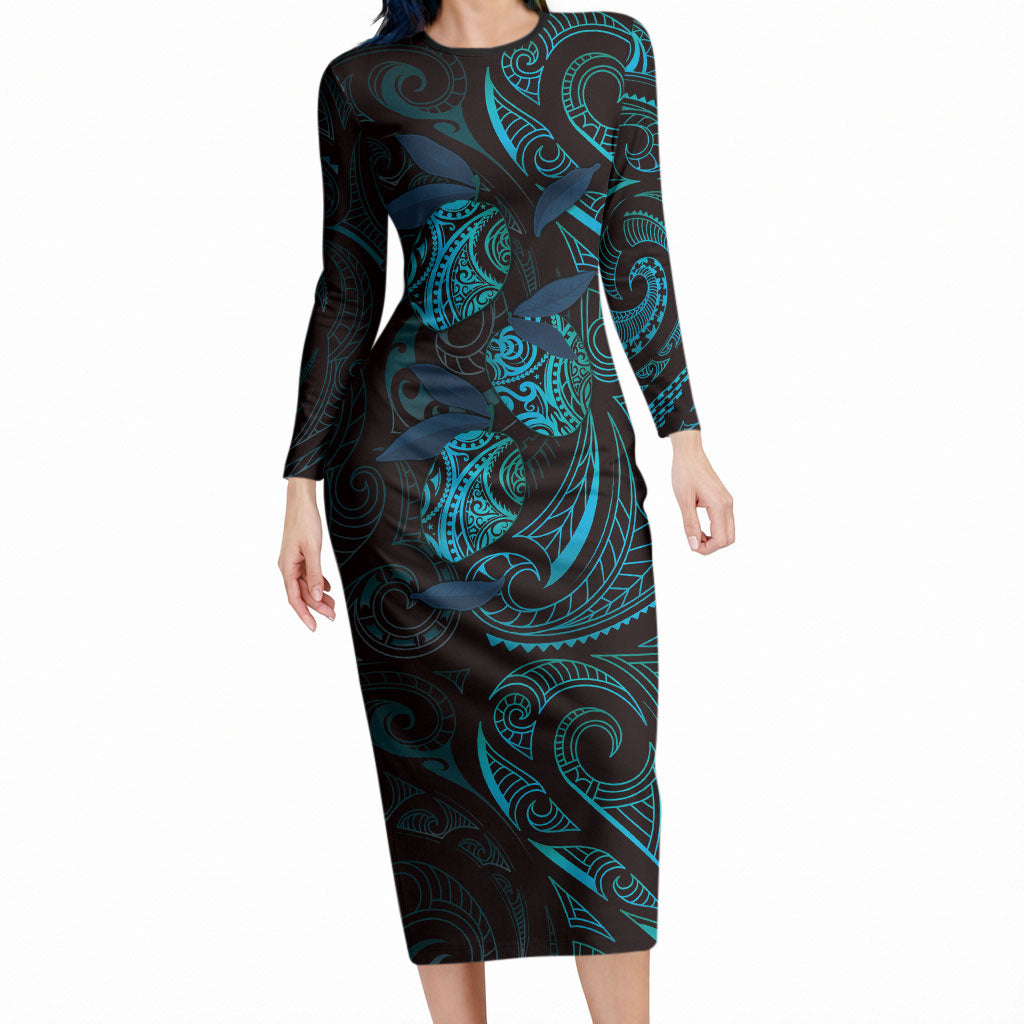 Hawaiian Mango Tribal Tattoo Long Sleeve Bodycon Dress Teal Pacific Traditional Pattern