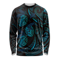 Hawaiian Mango Tribal Tattoo Long Sleeve Shirt Teal Pacific Traditional Pattern
