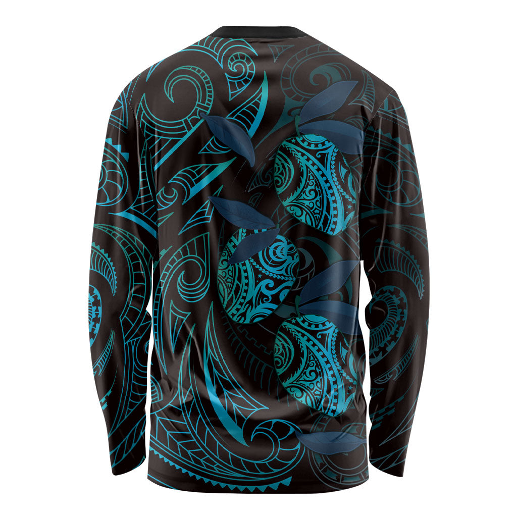 Hawaiian Mango Tribal Tattoo Long Sleeve Shirt Teal Pacific Traditional Pattern