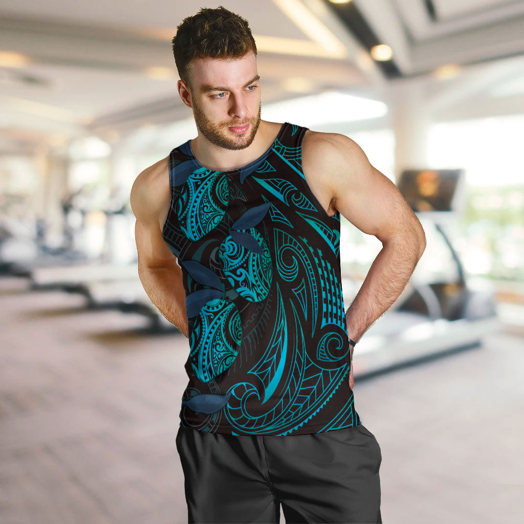 Hawaiian Mango Tribal Tattoo Men Tank Top Teal Pacific Traditional Pattern