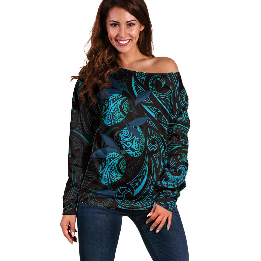 Hawaiian Mango Tribal Tattoo Off Shoulder Sweater Teal Pacific Traditional Pattern