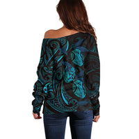 Hawaiian Mango Tribal Tattoo Off Shoulder Sweater Teal Pacific Traditional Pattern