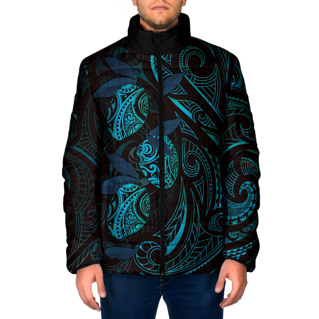 Hawaiian Mango Tribal Tattoo Padded Jacket Teal Pacific Traditional Pattern