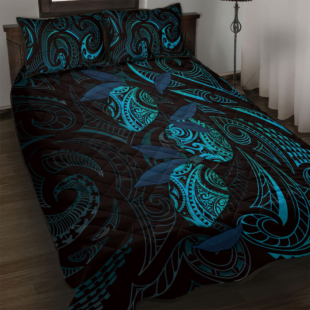 Hawaiian Mango Tribal Tattoo Quilt Bed Set Teal Pacific Traditional Pattern