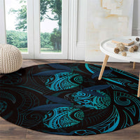 Hawaiian Mango Tribal Tattoo Round Carpet Teal Pacific Traditional Pattern