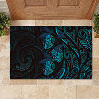 Hawaiian Mango Tribal Tattoo Rubber Doormat Teal Pacific Traditional Pattern
