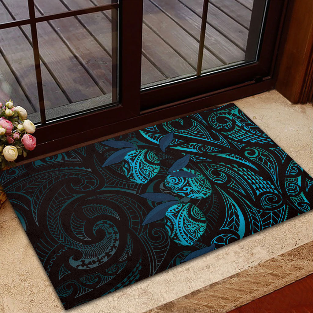 Hawaiian Mango Tribal Tattoo Rubber Doormat Teal Pacific Traditional Pattern