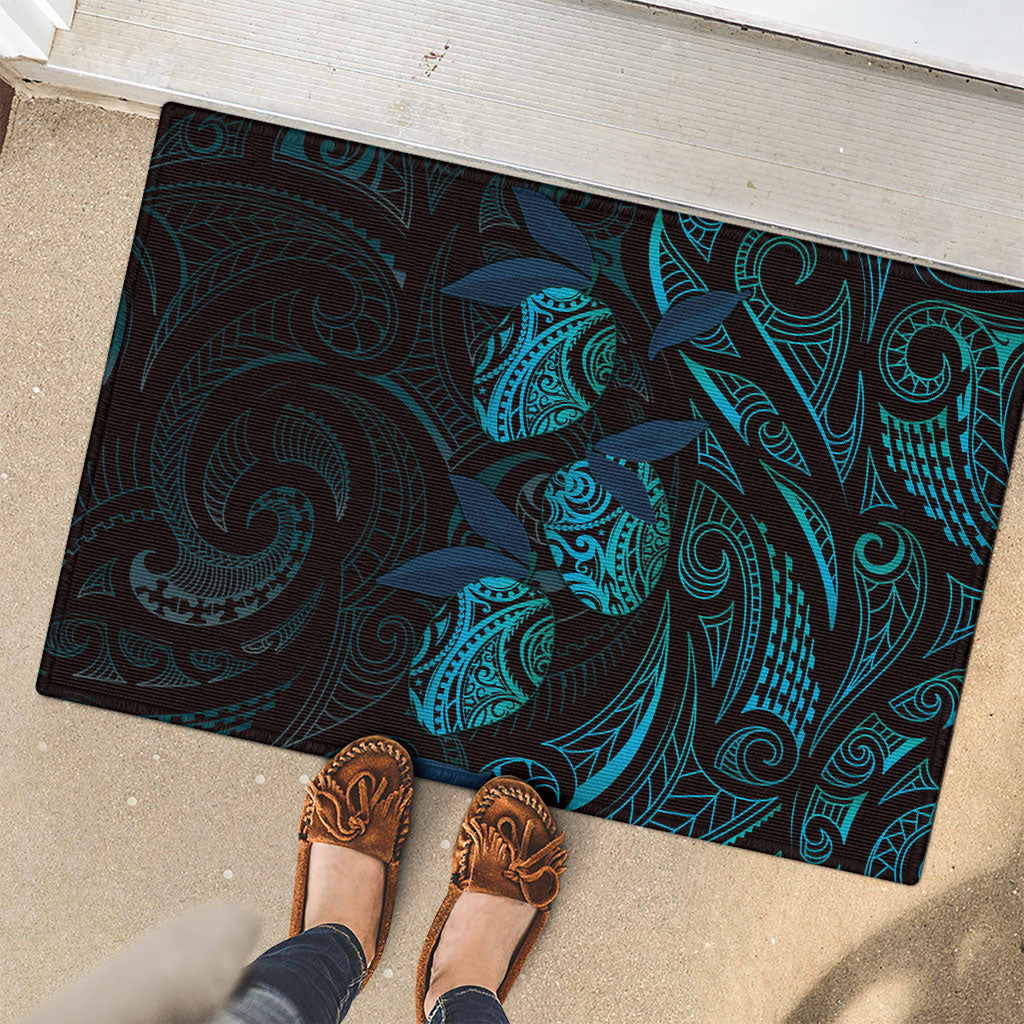Hawaiian Mango Tribal Tattoo Rubber Doormat Teal Pacific Traditional Pattern