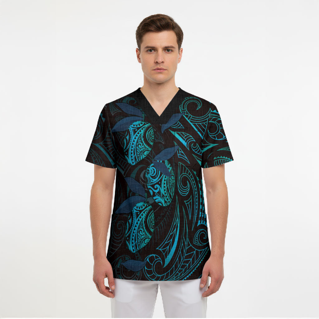 Hawaiian Mango Tribal Tattoo Scrub Top Teal Pacific Traditional Pattern