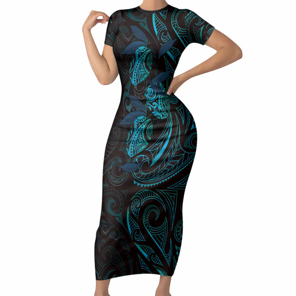 Hawaiian Mango Tribal Tattoo Short Sleeve Bodycon Dress Teal Pacific Traditional Pattern