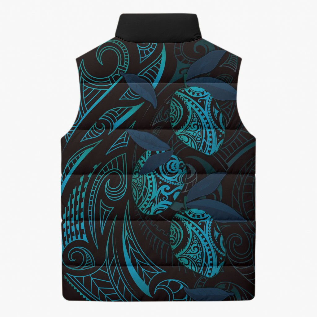 Hawaiian Mango Tribal Tattoo Sleeveless Puffer Jacket Teal Pacific Traditional Pattern