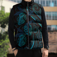 Hawaiian Mango Tribal Tattoo Sleeveless Puffer Jacket Teal Pacific Traditional Pattern