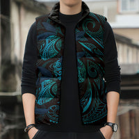 Hawaiian Mango Tribal Tattoo Sleeveless Puffer Jacket Teal Pacific Traditional Pattern