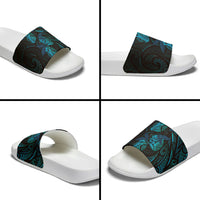 Hawaiian Mango Tribal Tattoo Slide Sandals Teal Pacific Traditional Pattern