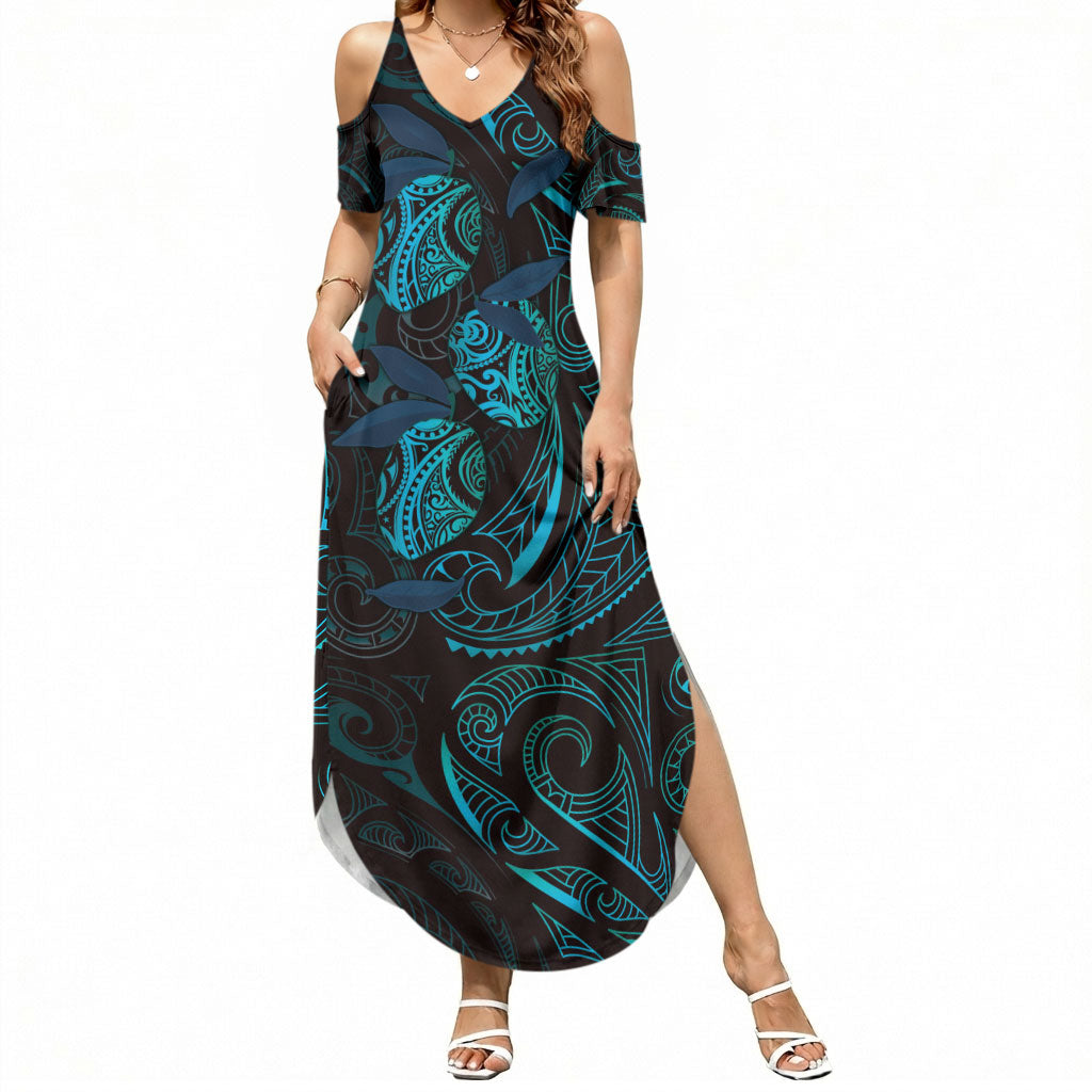 Hawaiian Mango Tribal Tattoo Summer Maxi Dress Teal Pacific Traditional Pattern