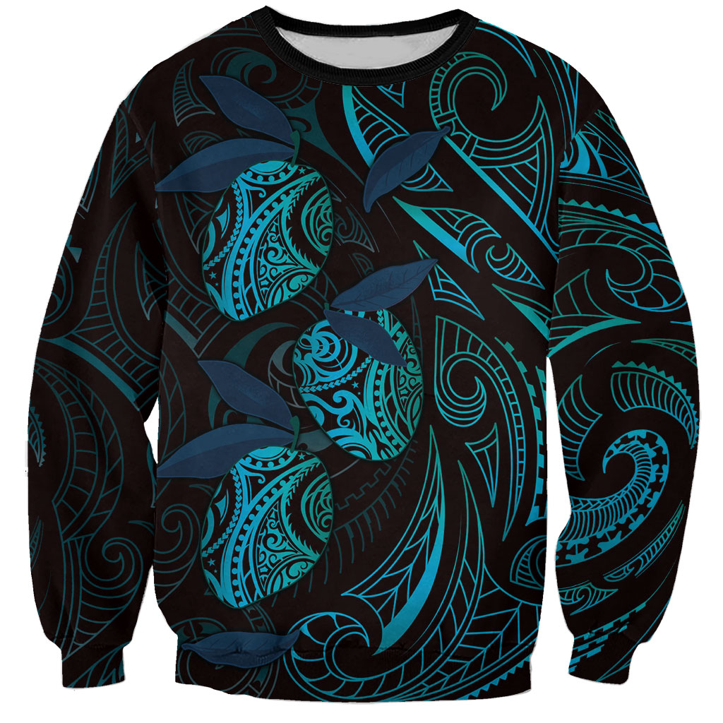 Hawaiian Mango Tribal Tattoo Sweatshirt Teal Pacific Traditional Pattern