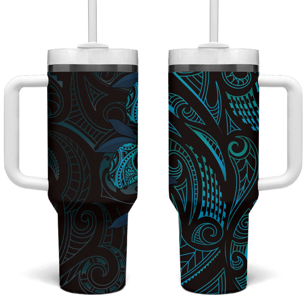 Hawaiian Mango Tribal Tattoo Tumbler With Handle Teal Pacific Traditional Pattern