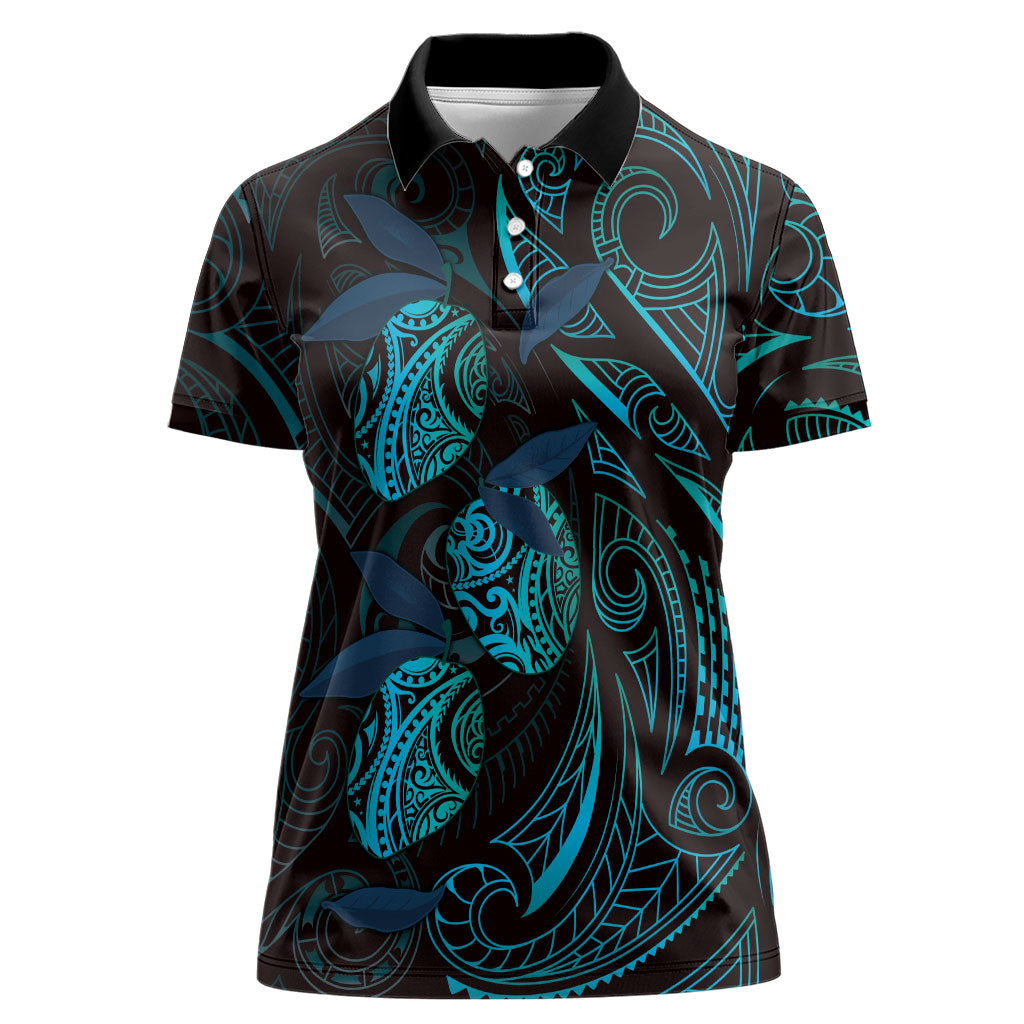 Hawaiian Mango Tribal Tattoo Women Polo Shirt Teal Pacific Traditional Pattern