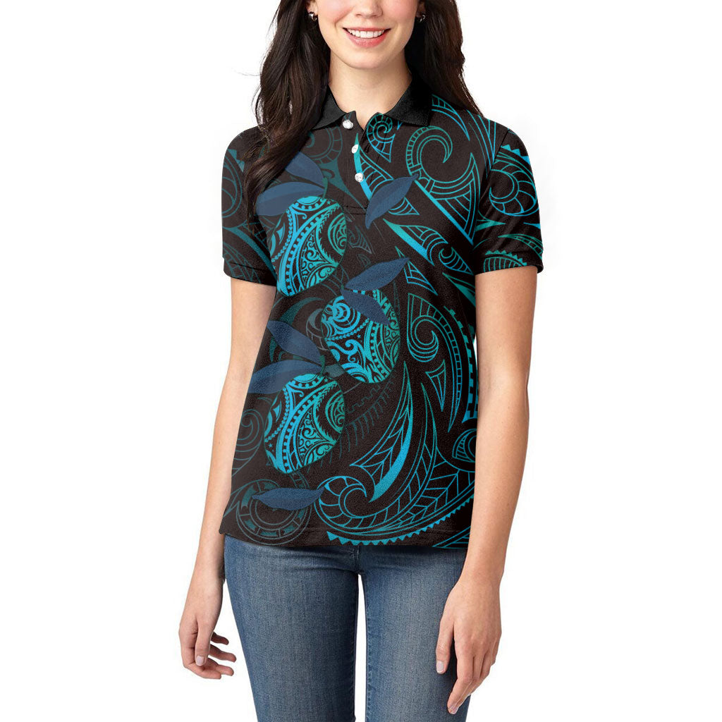 Hawaiian Mango Tribal Tattoo Women Polo Shirt Teal Pacific Traditional Pattern