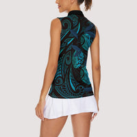 Hawaiian Mango Tribal Tattoo Women Sleeveless Polo Shirt Teal Pacific Traditional Pattern