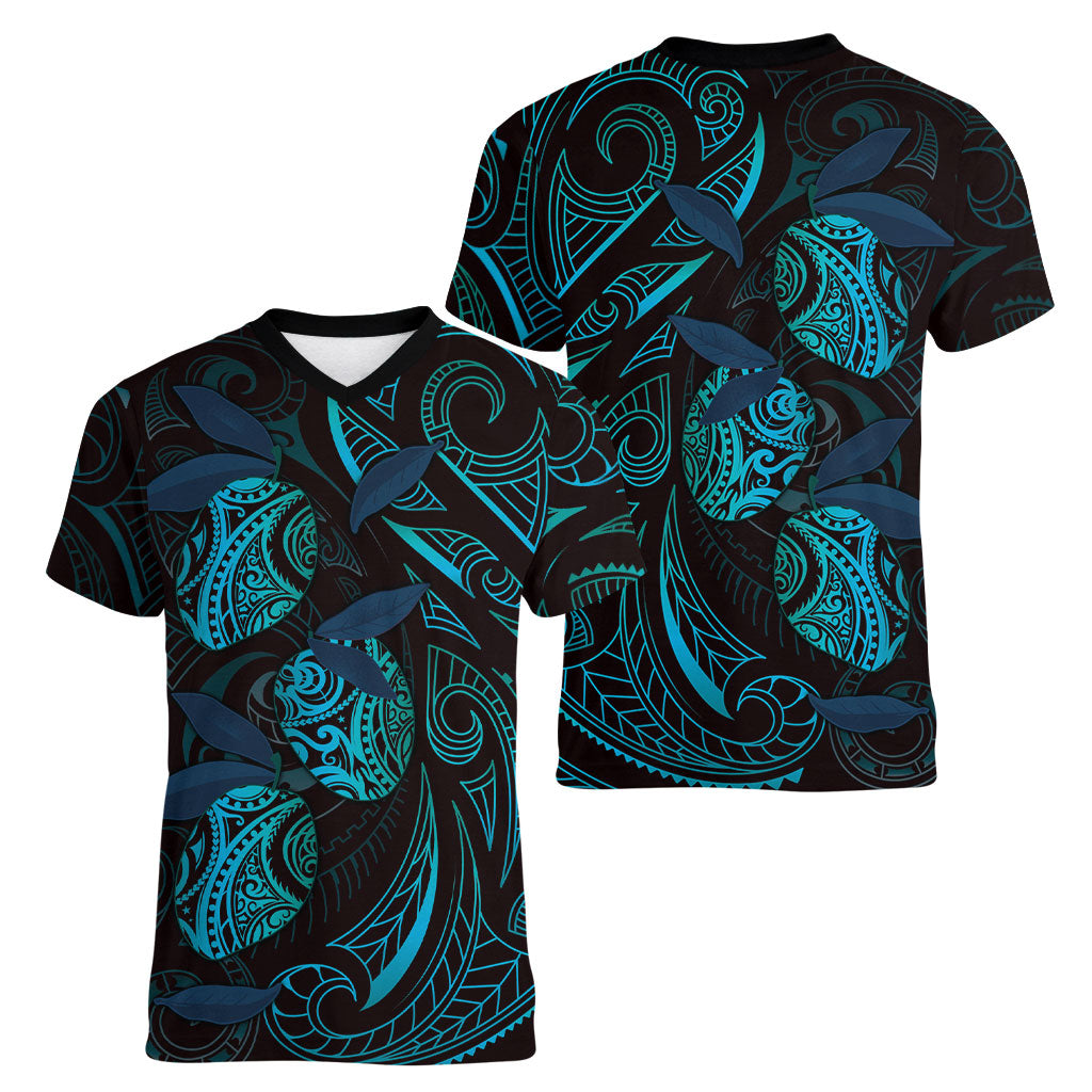 Hawaiian Mango Tribal Tattoo Women V-Neck T-Shirt Teal Pacific Traditional Pattern