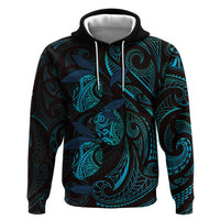 Hawaiian Mango Tribal Tattoo Zip Hoodie Teal Pacific Traditional Pattern